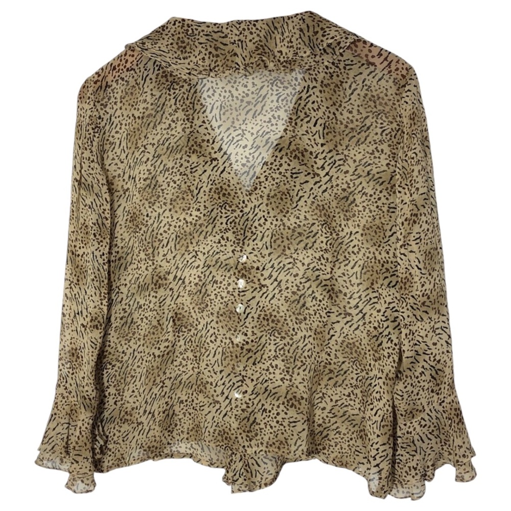 Edward Sheer Silk Animal Print Shirt w Ruffle Front and Mother of Pearl Buttons - Picture 3 of 4